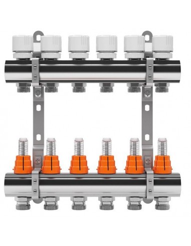 Set distribuitor tur/retur cu debitmetru IVAR din alama 1" x EK - 8 cai