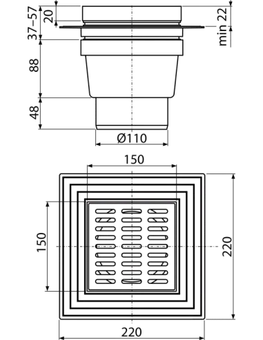 Sifon pardoseala cu gratar, antimiros, iesire verticala, 150 x 150 mm, Alca