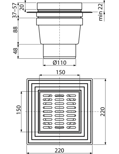 Sifon pardoseala cu gratar, antimiros, iesire verticala, 150 x 150 mm, Alca