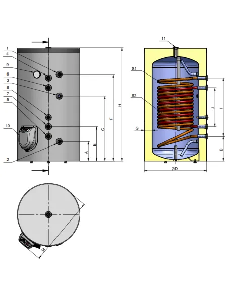Boiler termoelectric Eldom, 300 L, cu doua serpentine si rezistenta electrica, pe pardoseala, 9000 W