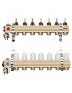 Set distribuitor tur/retur cu debitmetru FERRO din alama 1" x EK - 11 cai
