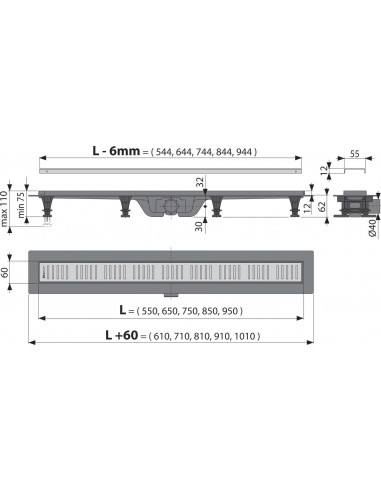 Rigola dus cu gratar din inox, APZ10, 550mm Simple, Alca