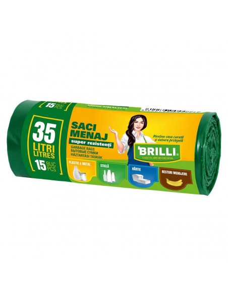 Saci menajeri colectare selectiva Brilli, 35l, 15 buc, verzi
