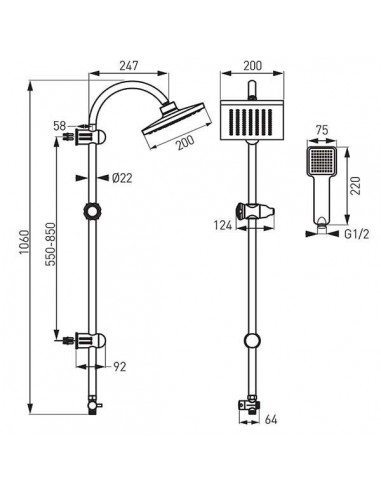 Coloana de dus Ferro Squerto, set bara dus, culisant, dus fix, para dus mobila, crom, mat